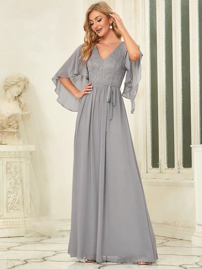 Custom Size Custom Size Elegant Deep V Neck Chiffon Maxi Evening Dress