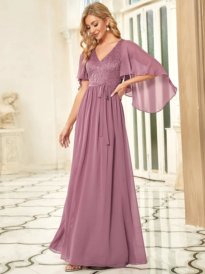 Custom Size Custom Size Elegant Deep V Neck Chiffon Maxi Evening Dress