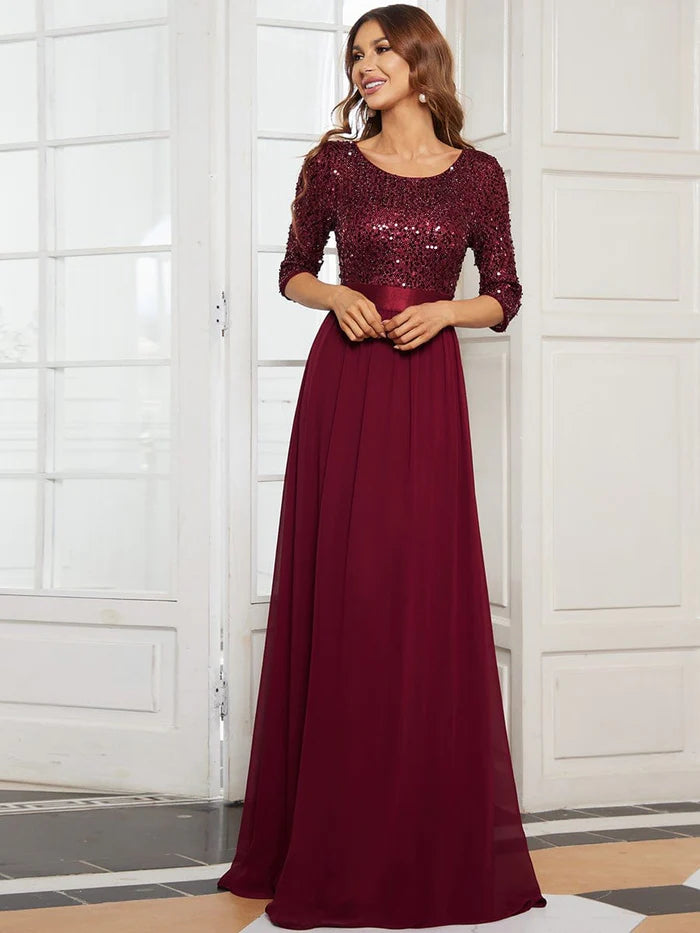 Custom Size Custom Size Elegant Round Neckline 3/4 Sleeve Sequins Patchwork Evening Dress