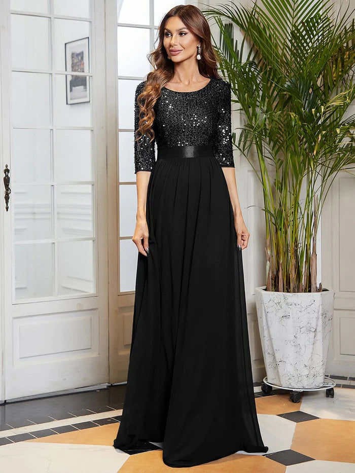 Custom Size Custom Size Elegant Round Neckline 3/4 Sleeve Sequins Patchwork Evening Dress