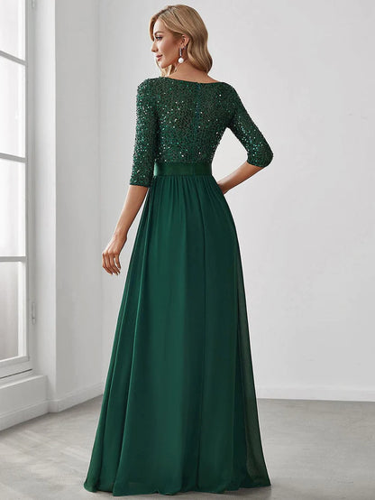 Custom Size Custom Size Elegant Round Neckline 3/4 Sleeve Sequins Patchwork Evening Dress