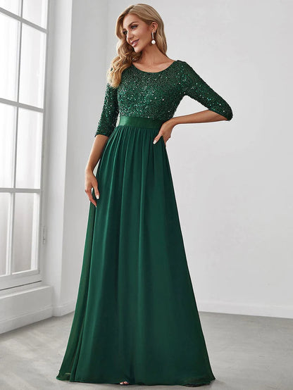 Custom Size Custom Size Elegant Round Neckline 3/4 Sleeve Sequins Patchwork Evening Dress