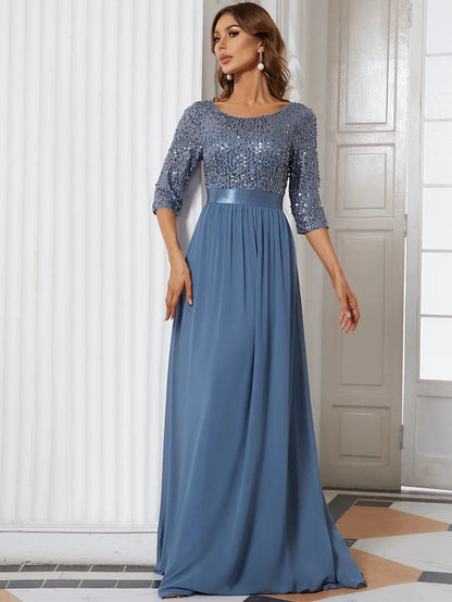 Custom Size Custom Size Elegant Round Neckline 3/4 Sleeve Sequins Patchwork Evening Dress