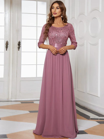 Custom Size Custom Size Elegant Round Neckline 3/4 Sleeve Sequins Patchwork Evening Dress