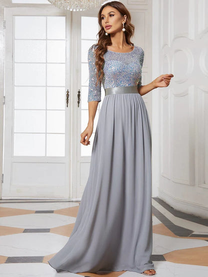 Custom Size Custom Size Elegant Round Neckline 3/4 Sleeve Sequins Patchwork Evening Dress