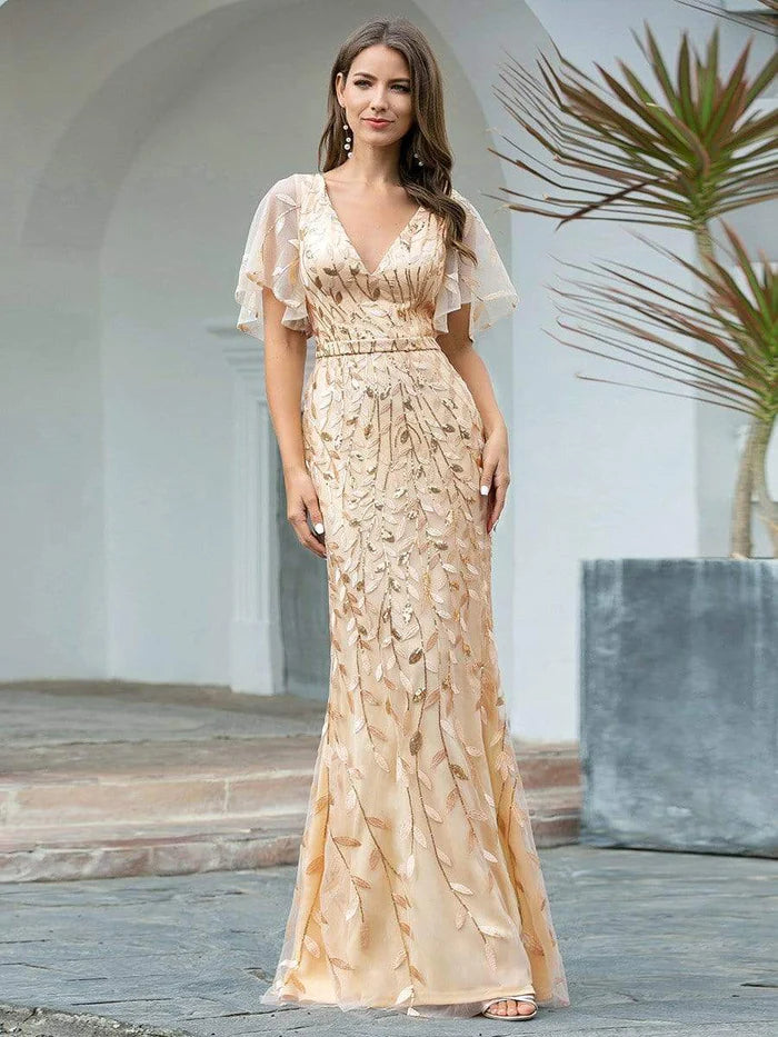 Custom Size Gorgeous V Neck Leaf-Sequined Fishtail Party Dress Wedding Guest Dress Evening Dress