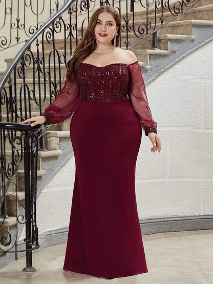 Off the Shoulder Plus Size Sequin Evening Gowns With Tulle Sleeve