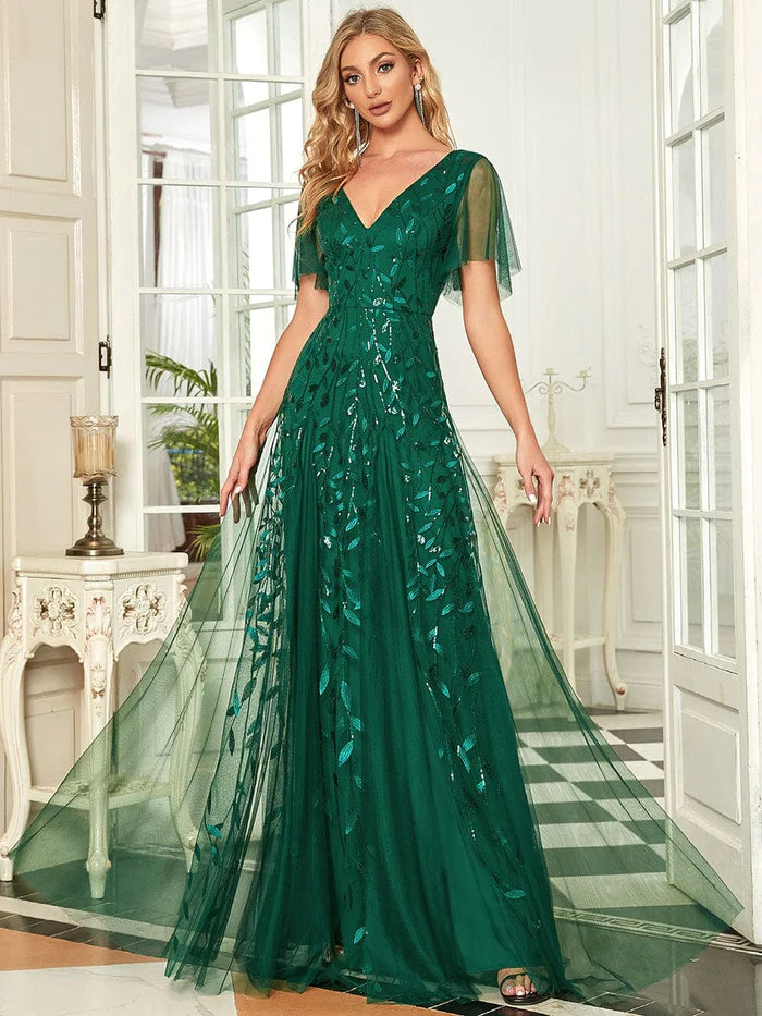 Custom Size Romantic Shimmery V Neck Ruffle Sleeves Maxi Long Evening Gowns