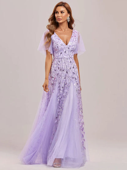 Custom Size Romantic Shimmery V Neck Ruffle Sleeves Maxi Long Evening Gowns