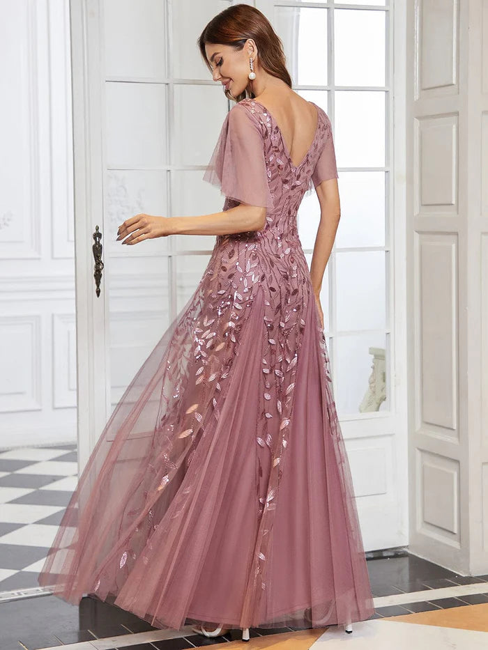 Custom Size Romantic Shimmery V Neck Ruffle Sleeves Maxi Long Evening Gowns