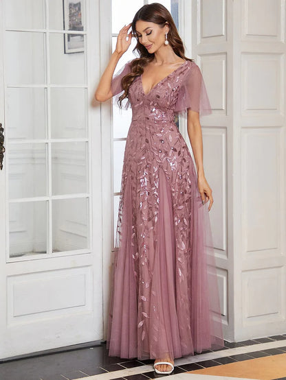 Custom Size Romantic Shimmery V Neck Ruffle Sleeves Maxi Long Evening Gowns