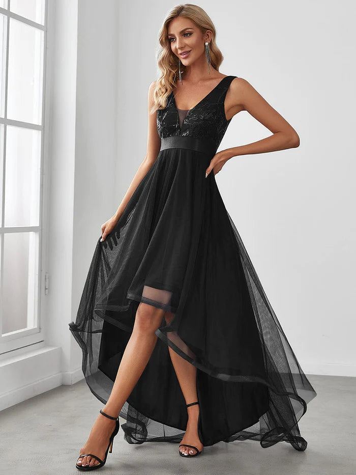 Elegant High-Low Deep V Neck Tulle Evening Dresses with Sequins