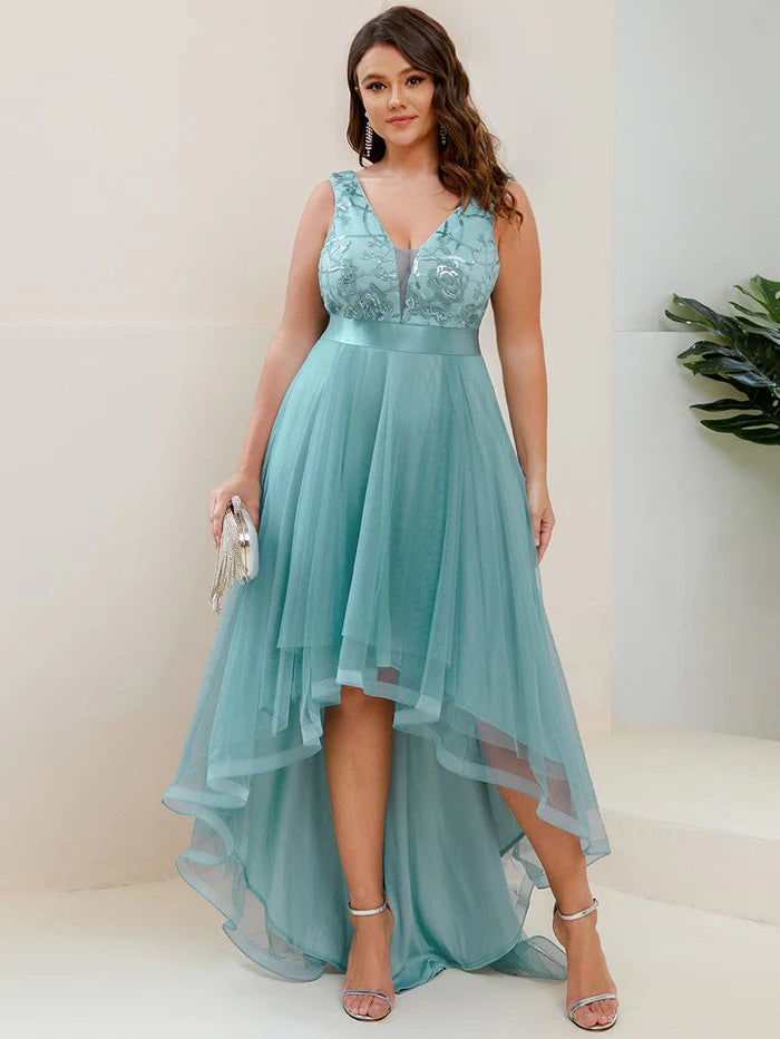 Plus Size High-Low Deep V Neck Tulle Evening Dresses with Sequins