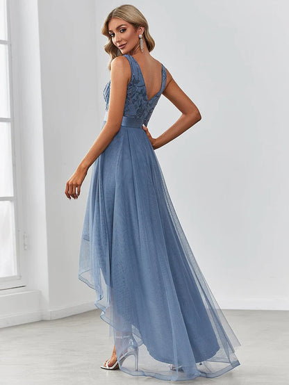 Elegant High-Low Deep V Neck Tulle Evening Dresses with Sequins