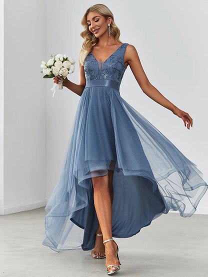 Elegant High-Low Deep V Neck Tulle Evening Dresses with Sequins