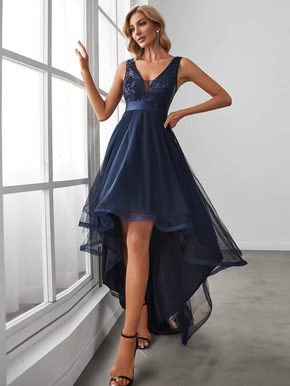 Elegant High-Low Deep V Neck Tulle Evening Dresses with Sequins