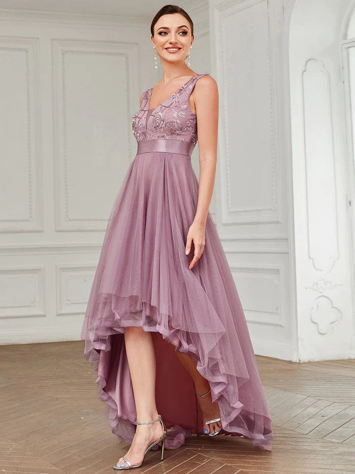 Elegant High-Low Deep V Neck Tulle Evening Dresses with Sequins