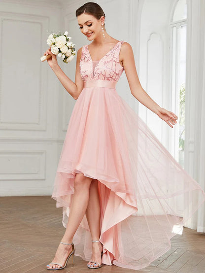 Elegant High-Low Deep V Neck Tulle Evening Dresses with Sequins