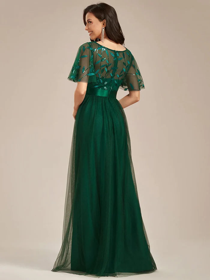 Women's A-Line Short Sleeve Embroidery Floor Length Evening Dresses