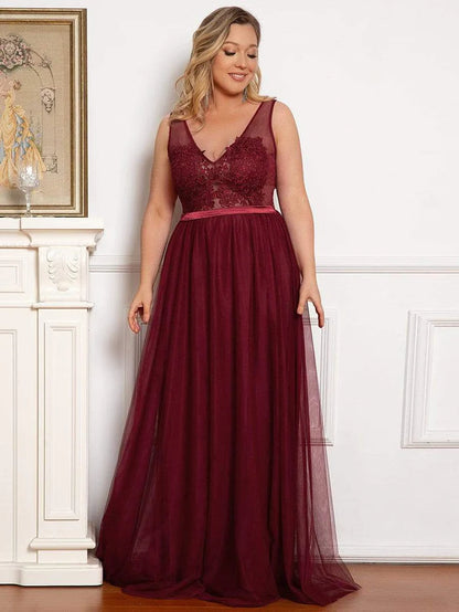 Plus Size Women's A-Line V-Neck Floral Lace Appliques Bridesmaid Dress