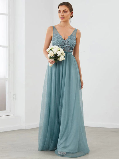 Custom Size A-Line V-Neck Floral Lace Appliques Bridesmaid Dress