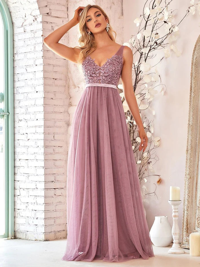 Custom Size A-Line V-Neck Floral Lace Appliques Bridesmaid Dress