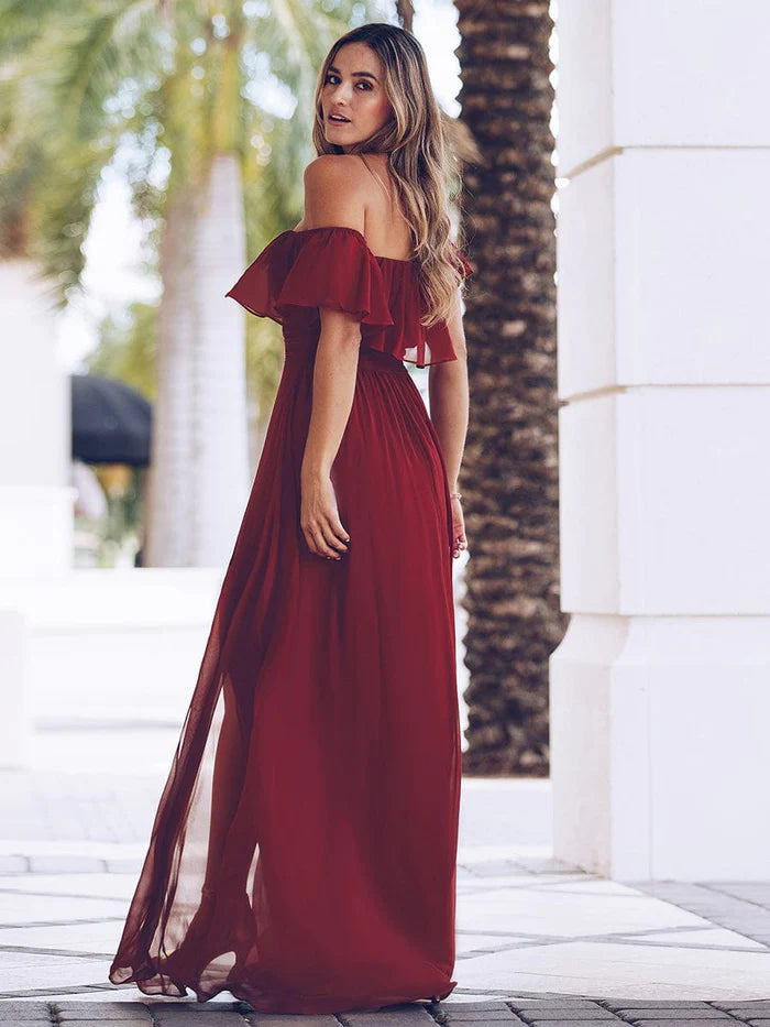 Women's Off-The-Shoulder Ruffle Thigh Split Bridesmaid Dresses