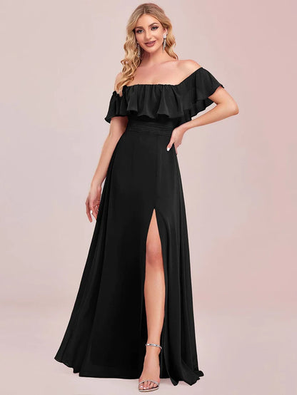 Women's Off-The-Shoulder Ruffle Thigh Split Bridesmaid Dresses