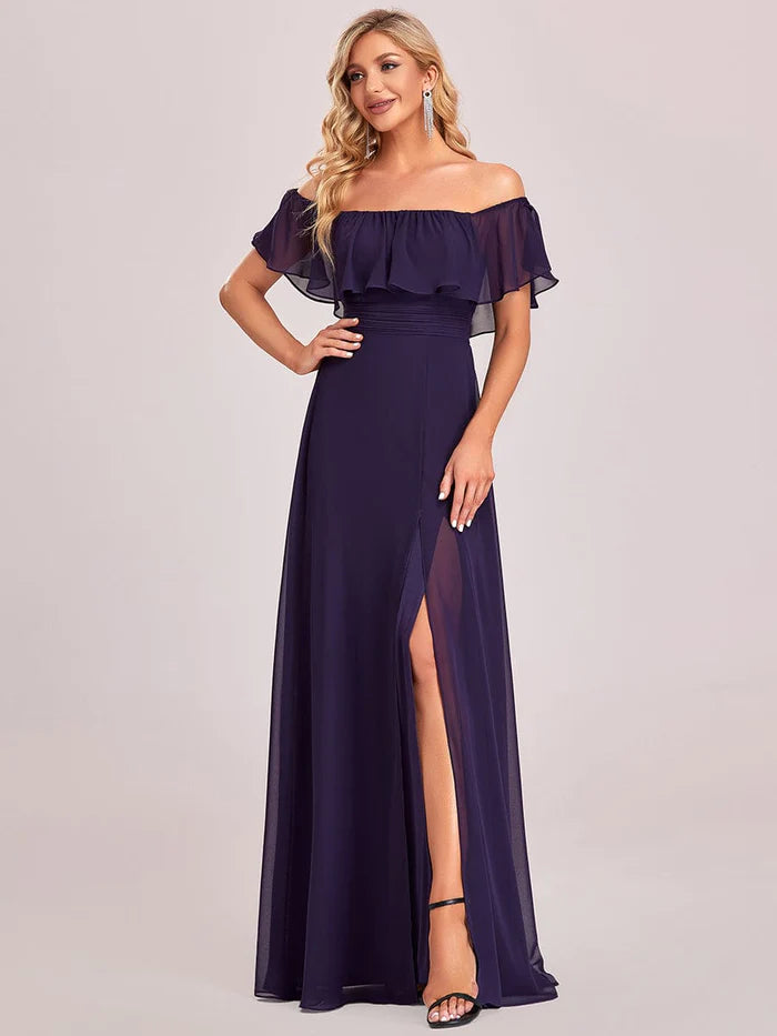 Women's Off-The-Shoulder Ruffle Thigh Split Bridesmaid Dresses