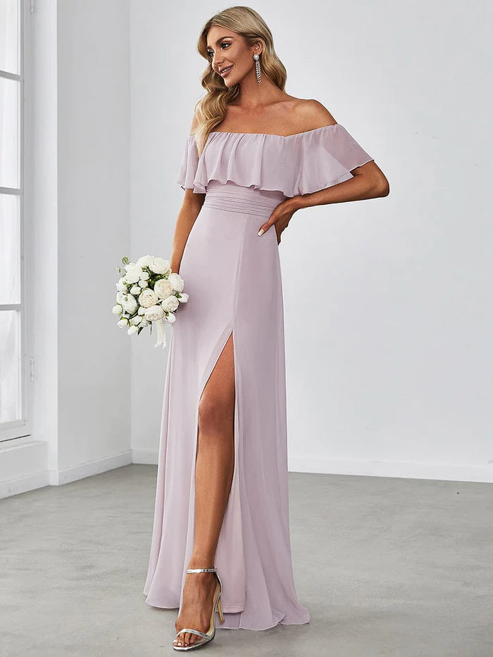 Women's Off-The-Shoulder Ruffle Thigh Split Bridesmaid Dresses