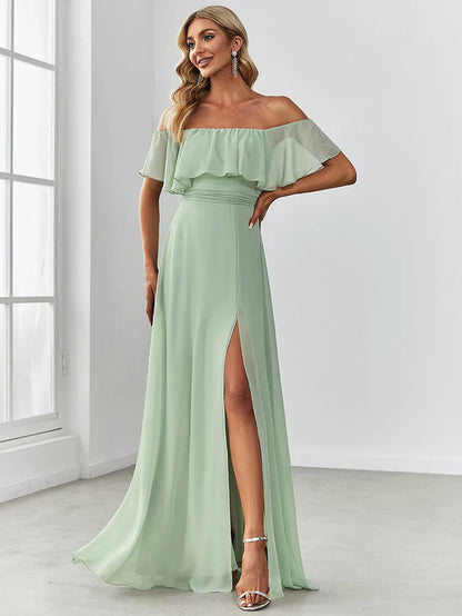 Women's Off-The-Shoulder Ruffle Thigh Split Bridesmaid Dresses