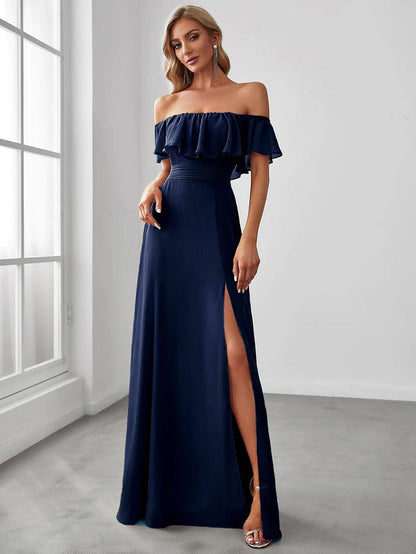 Women's Off-The-Shoulder Ruffle Thigh Split Bridesmaid Dresses