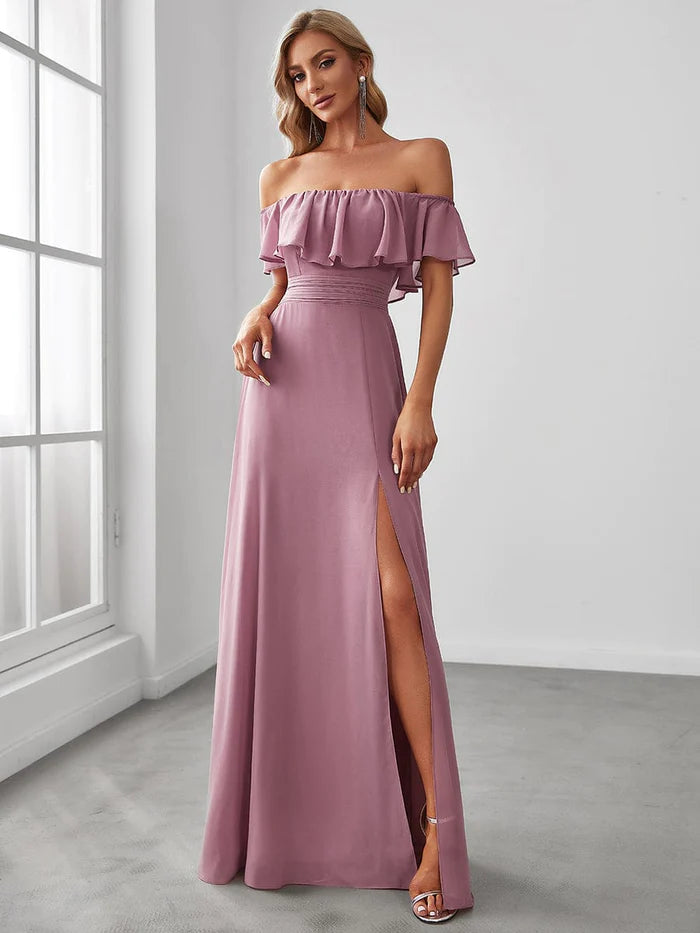 Off The Shoulder Maxi Chiffon Bridesmaid Dresses With Side Split