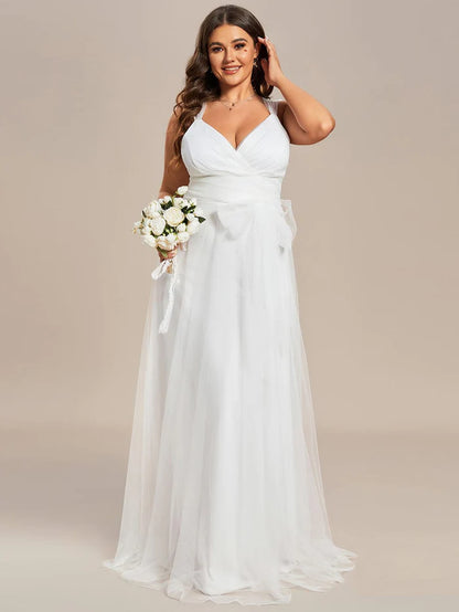 Plus Size Maxi Long Double V Neck Tulle Bridesmaid Dresses