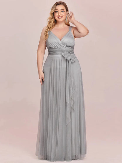 Plus Size Maxi Long Double V Neck Tulle Bridesmaid Dresses