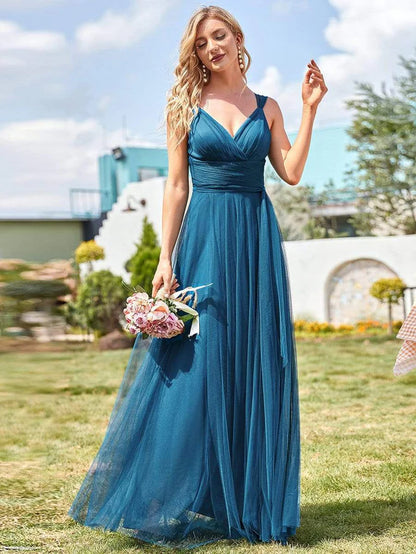 Floor Length Double V Neck Tulle Bridesmaid Dresses