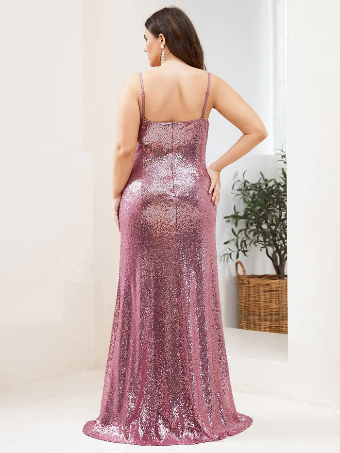 Sexy Spaghetti Straps Plus Size Sequin Evening Gowns for Women