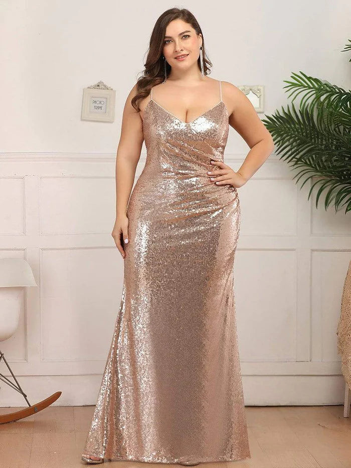 Sexy Spaghetti Straps Plus Size Sequin Evening Gowns for Women