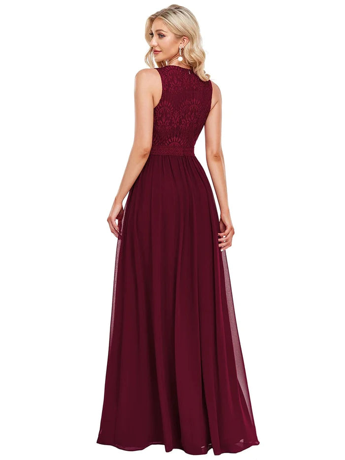 Empire Waist Sleeveless Maxi Long A Line Lace Bridesmaid Dresses