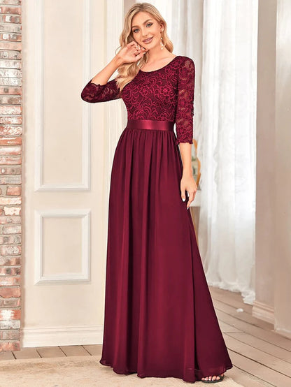 Custom Size Elegant Round Neck A Line See-Through Lace Evening Dress