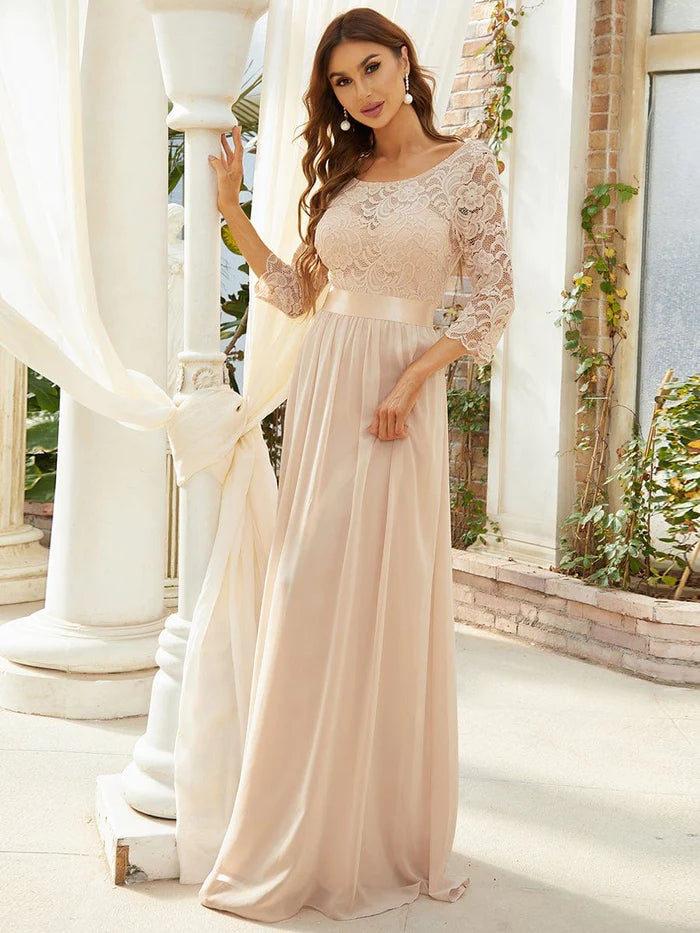 Custom Size Elegant Round Neck A Line See-Through Lace Evening Dress