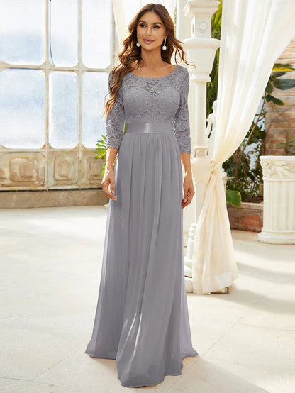 Custom Size Elegant Round Neck A Line See-Through Lace Evening Dress