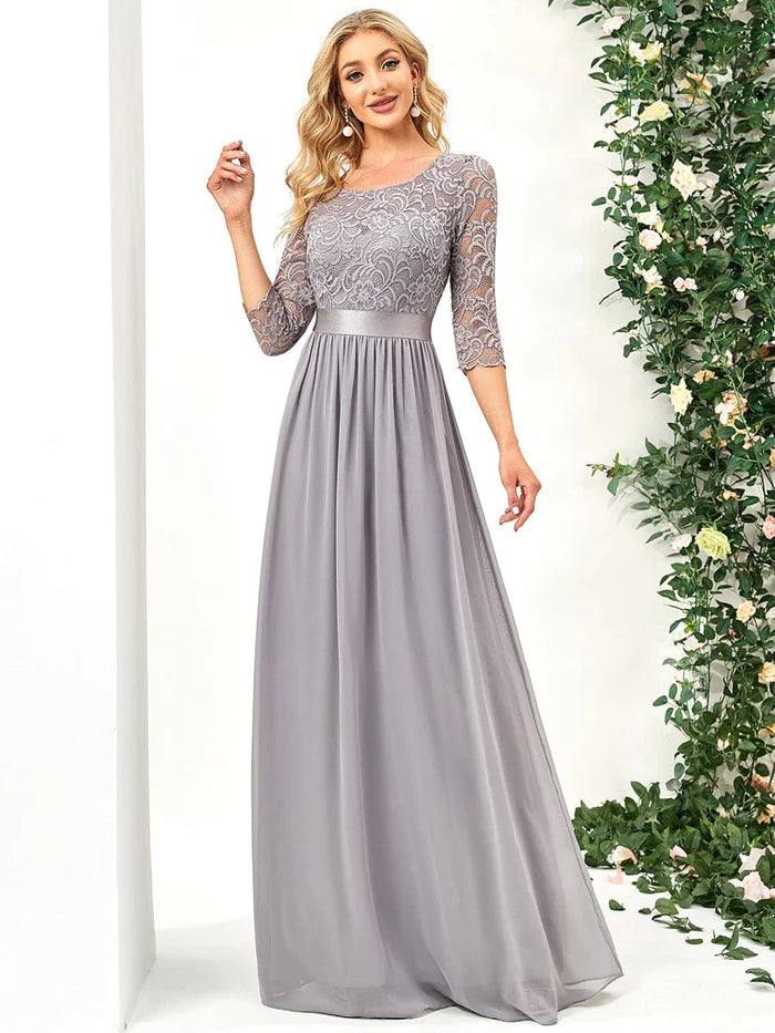 Elegant Round Neck A Line See-Through Lace Bridesmaid Dress
