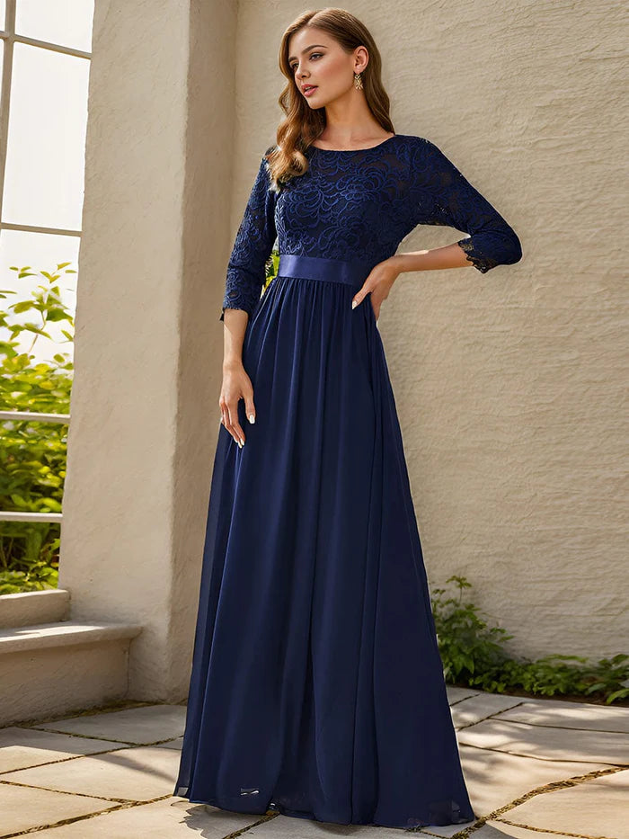 Elegant Round Neck A Line See-Through Lace Bridesmaid Dress