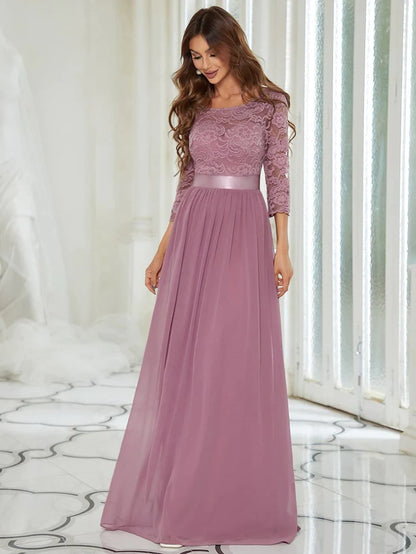 Custom Size Elegant Round Neck A Line See-Through Lace Evening Dress