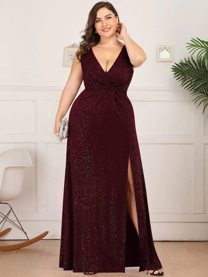 Shiny V Neck Floor Length Plus Size Evening Dresses with Side Split