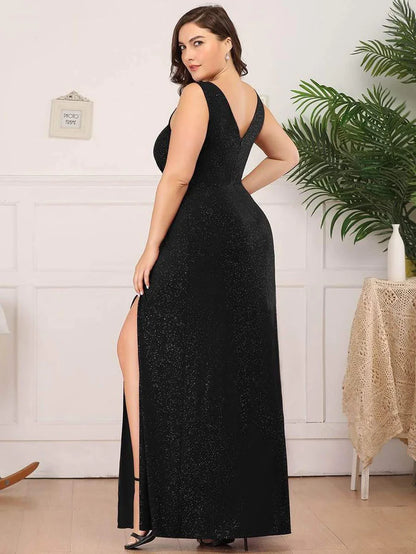 Shiny V Neck Floor Length Plus Size Evening Dresses with Side Split