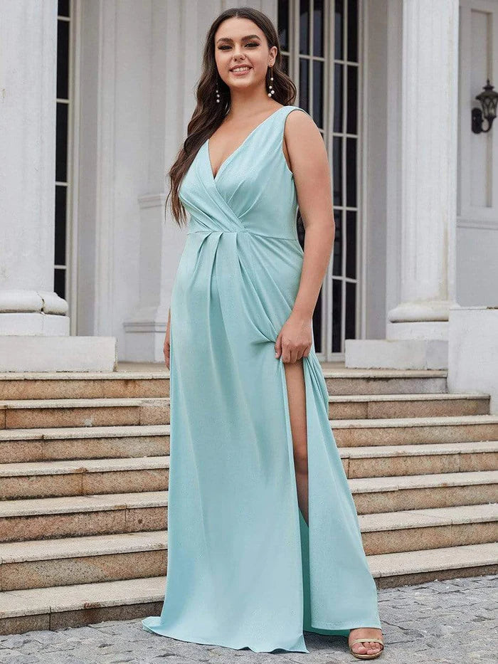 Shiny V Neck Floor Length Plus Size Evening Dresses with Side Split