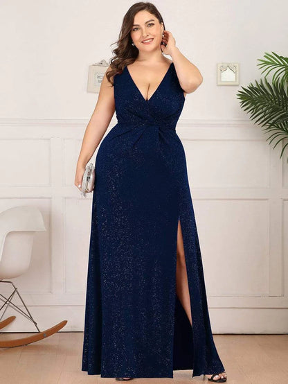 Shiny V Neck Floor Length Plus Size Evening Dresses with Side Split