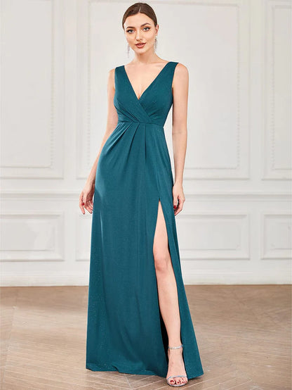 Floor Length V Neck Shimmery Evening Dresses with Side Split